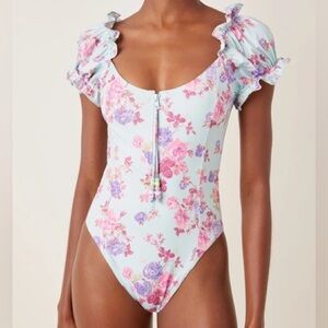 Brand NWT LoveShackFancy One Piece Fantasia Suit Turquoise Skies Ruffle Zip